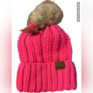 C.C Pink Knit Beanie with Faux Fur Pom